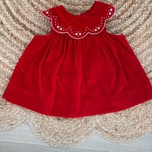 Vtg Red Velvet Peter Pan collar Floral Embroidered Cotton A-Line Dress 6-9M